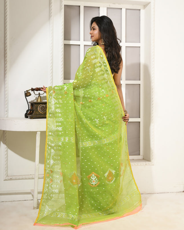 dB DESH BIDESH Women's Soft Cotton Silk Jamdani Sarees For Women for Party Festival Wedding Silk Saree GlamQueen Gold Work Design Without Blouse piece (Light Green)