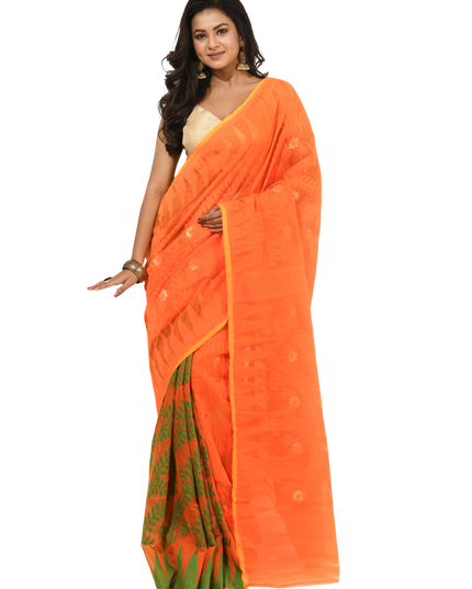 dB DESH BIDESH Women's Traditional Bengal Soft Cotton Silk Jamdani Sarees For Women Tentullata Design Cotton saree for woman Without Blouse piece | Ethnic Wear Sari (Orange Green)