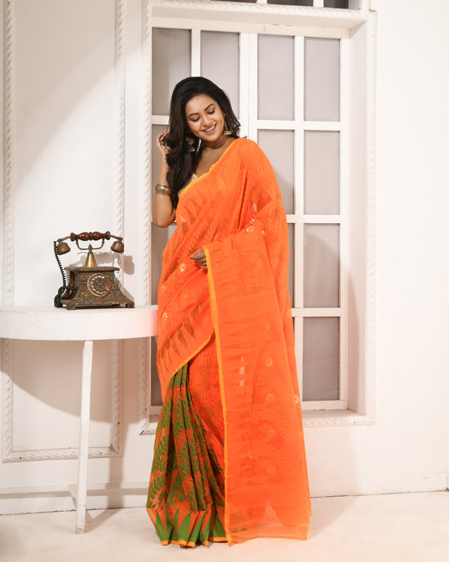 dB DESH BIDESH Women's Traditional Bengal Soft Cotton Silk Jamdani Sarees For Women Tentullata Design Cotton saree for woman Without Blouse piece | Ethnic Wear Sari (Orange Green)