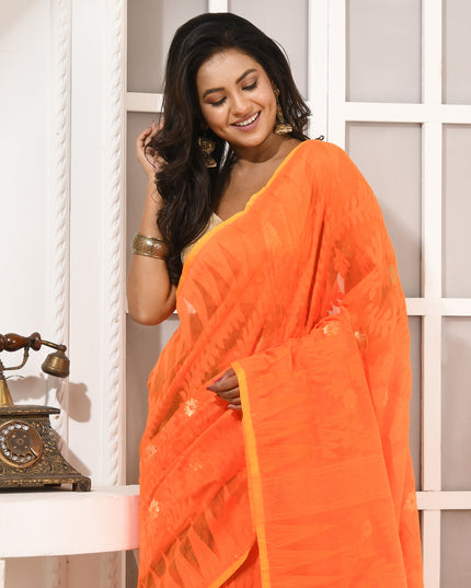 dB DESH BIDESH Women's Traditional Bengal Soft Cotton Silk Jamdani Sarees For Women Tentullata Design Cotton saree for woman Without Blouse piece | Ethnic Wear Sari (Orange Green)