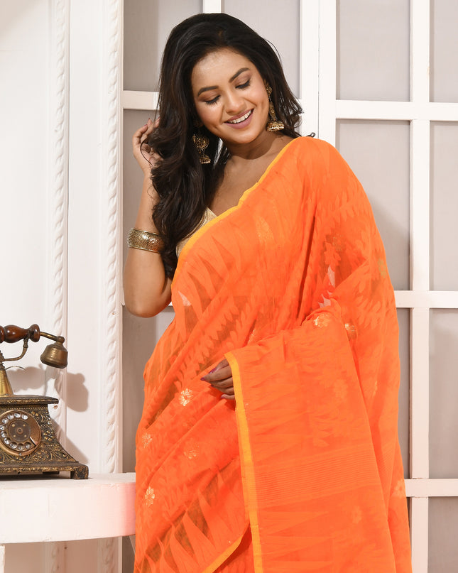 dB DESH BIDESH Women's Traditional Bengal Soft Cotton Silk Jamdani Sarees For Women Tentullata Design Cotton saree for woman Without Blouse piece | Ethnic Wear Sari (Orange Green)