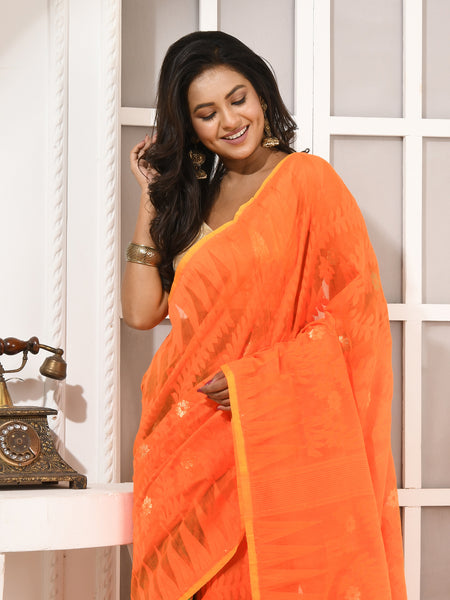dB DESH BIDESH Women's Traditional Bengal Soft Cotton Silk Jamdani Sarees For Women Tentullata Design Cotton saree for woman Without Blouse piece | Ethnic Wear Sari (Orange Green)