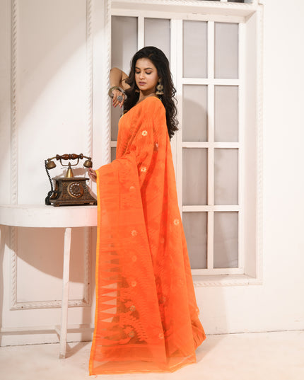dB DESH BIDESH Women's Traditional Bengal Soft Cotton Silk Jamdani Sarees For Women Tentullata Design Cotton saree for woman Without Blouse piece | Ethnic Wear Sari (Orange Green)