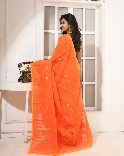 dB DESH BIDESH Women's Traditional Bengal Soft Cotton Silk Jamdani Sarees For Women Tentullata Design Cotton saree for woman Without Blouse piece | Ethnic Wear Sari (Orange Green)