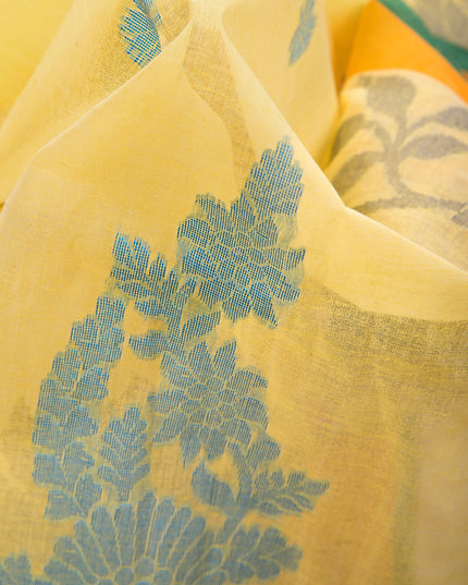 Yellow Pure Cotton Handloom Botanic Design Tant Saree (No Blouse Piece)