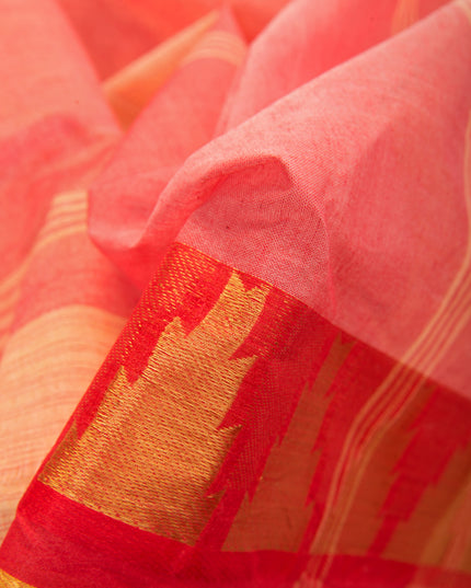Pure Cotton Handloom Zari Temple Design Tant Saree - Off White Red