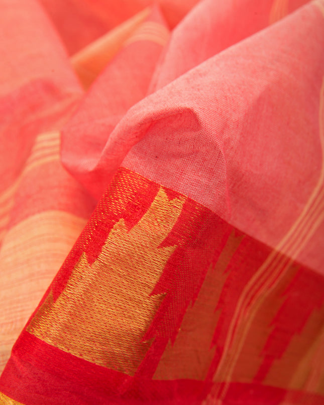 Pure Cotton Handloom Zari Temple Design Tant Saree - Off White Red