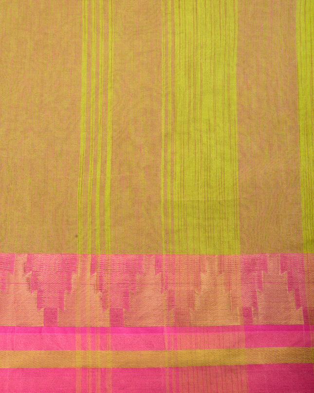 Pure Cotton Handloom Zari Temple Design Tant Saree - Green Pink
