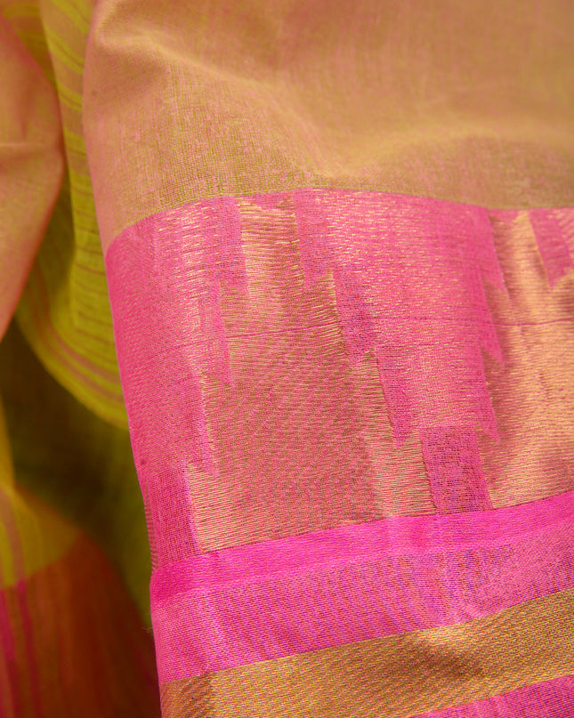 Pure Cotton Handloom Zari Temple Design Tant Saree - Green Pink