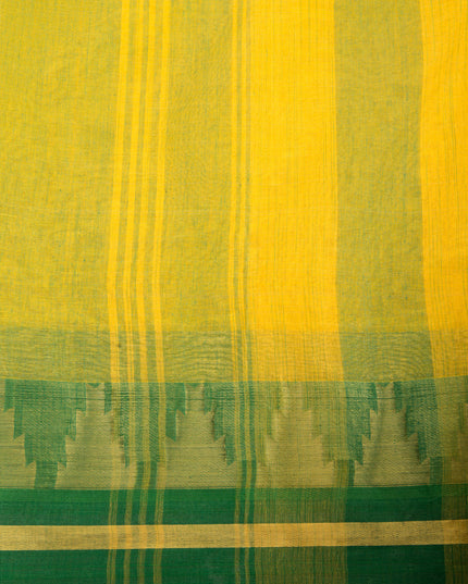 Pure Cotton Handloom Zari Temple Design Tant Saree - Green Yellow