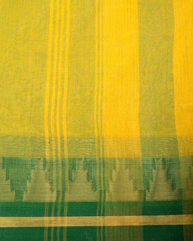Pure Cotton Handloom Zari Temple Design Tant Saree - Green Yellow