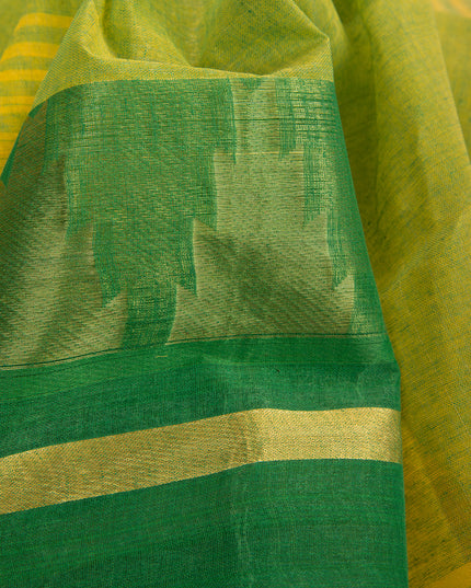 Pure Cotton Handloom Zari Temple Design Tant Saree - Green Yellow