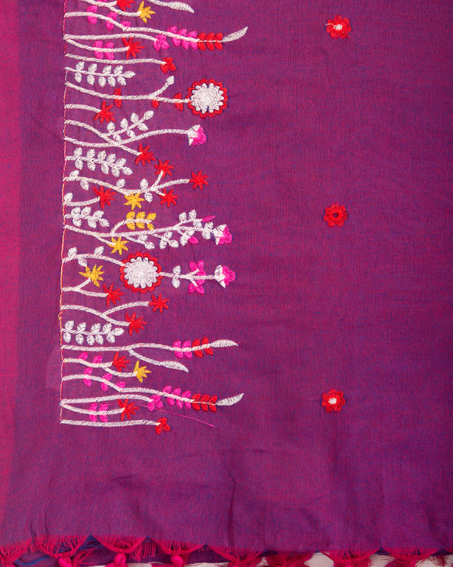 Embroidery Garden Bloom Design Saree with Blouse Piece - Purple