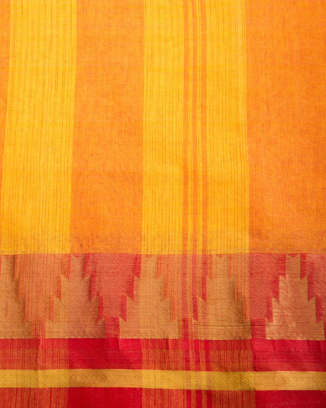 Pure Cotton Handloom Zari Temple Design Tant Saree - Red Yellow