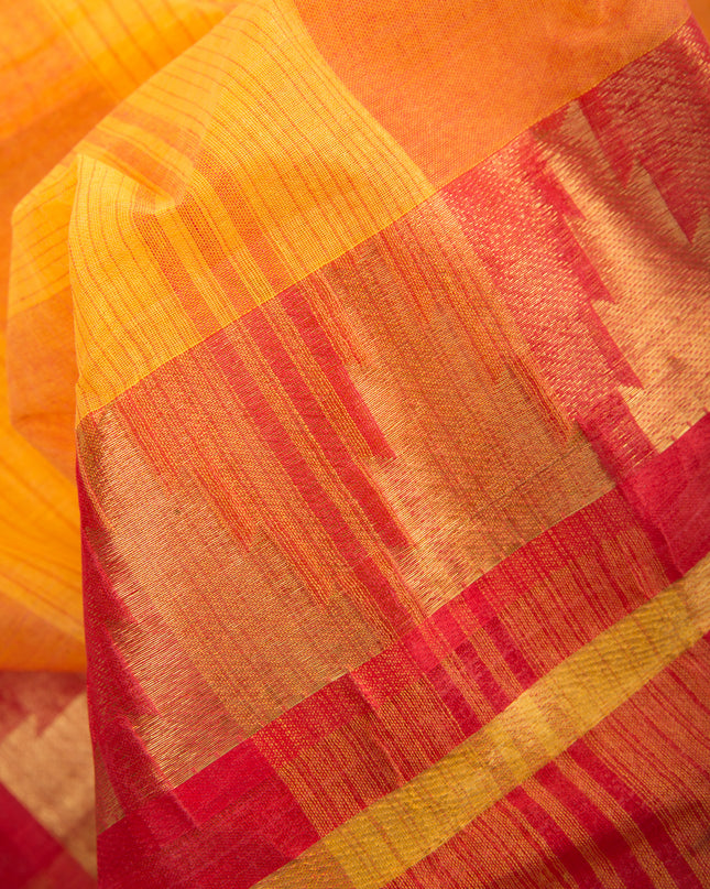 Pure Cotton Handloom Zari Temple Design Tant Saree - Red Yellow