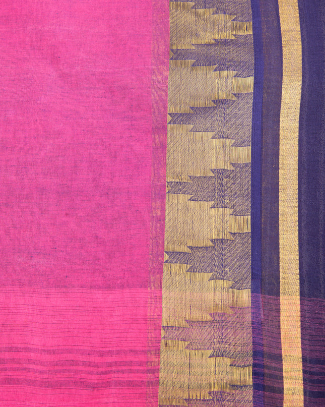 Pure Cotton Handloom Zari Temple Design Tant Saree - Blue Pink
