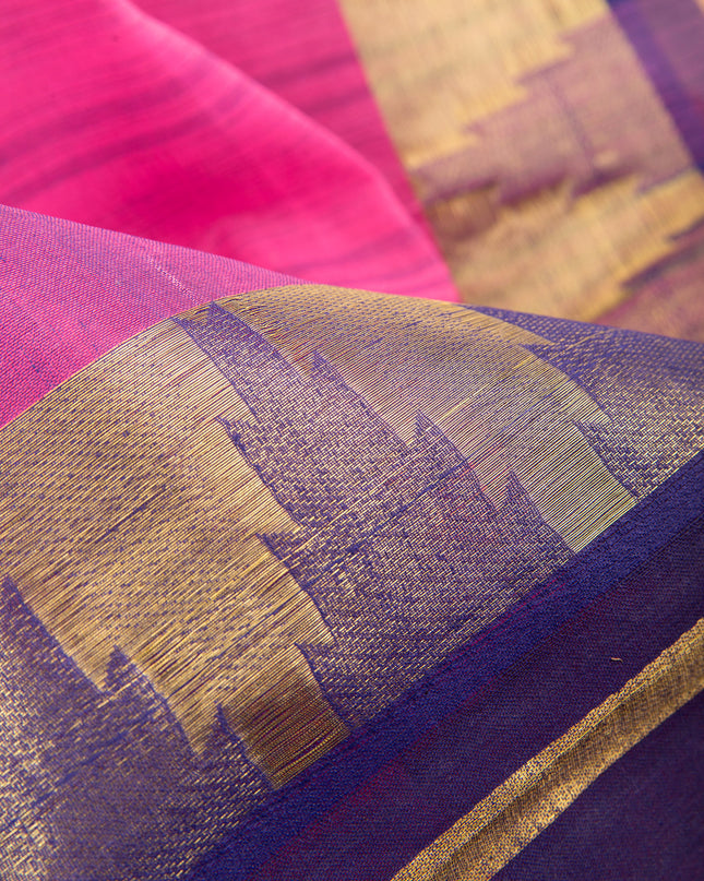 Pure Cotton Handloom Zari Temple Design Tant Saree - Blue Pink