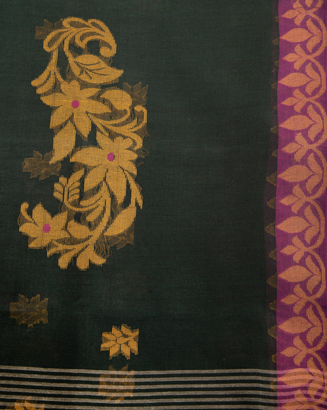 Women Cotton Handloom Tant Midnight Flora Design Saree – Dark Green