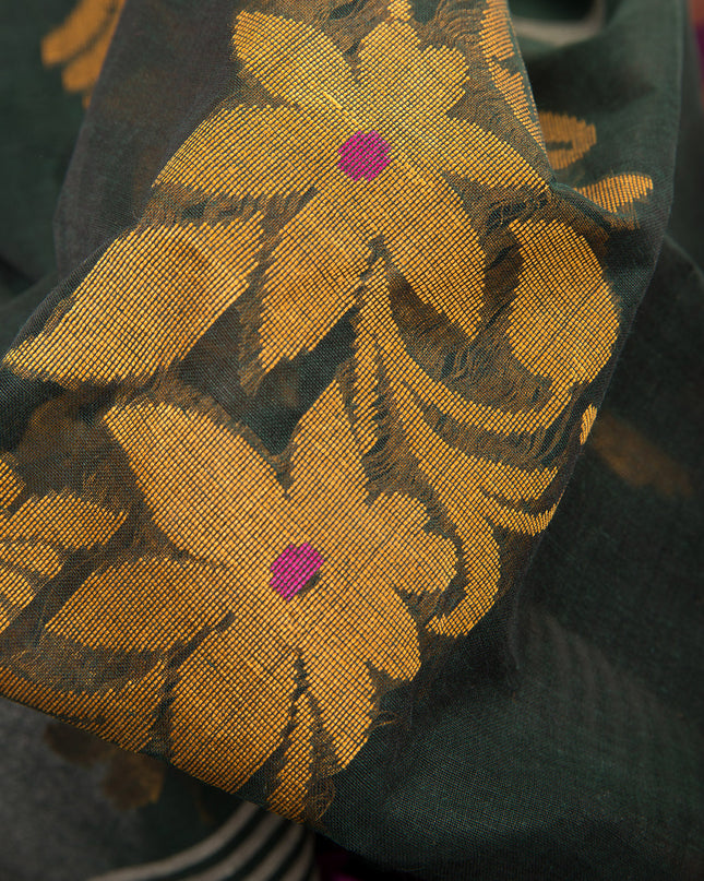 Women Cotton Handloom Tant Midnight Flora Design Saree – Dark Green