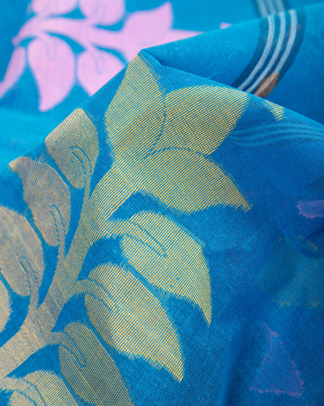 Pure Cotton Handloom Nilpari Design Tant Saree - Sky Blue