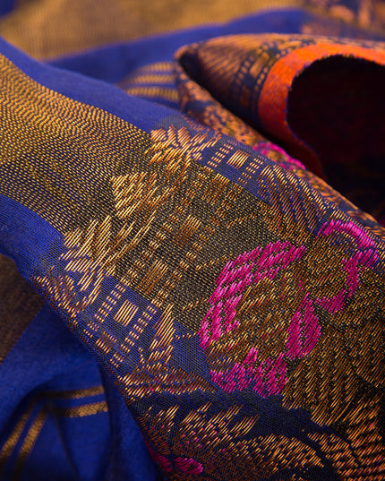 Pure Silk Kanjivaram Handloom Cotton Mine Rajoshree Designer Saree With Blouse Piece - Green Blue