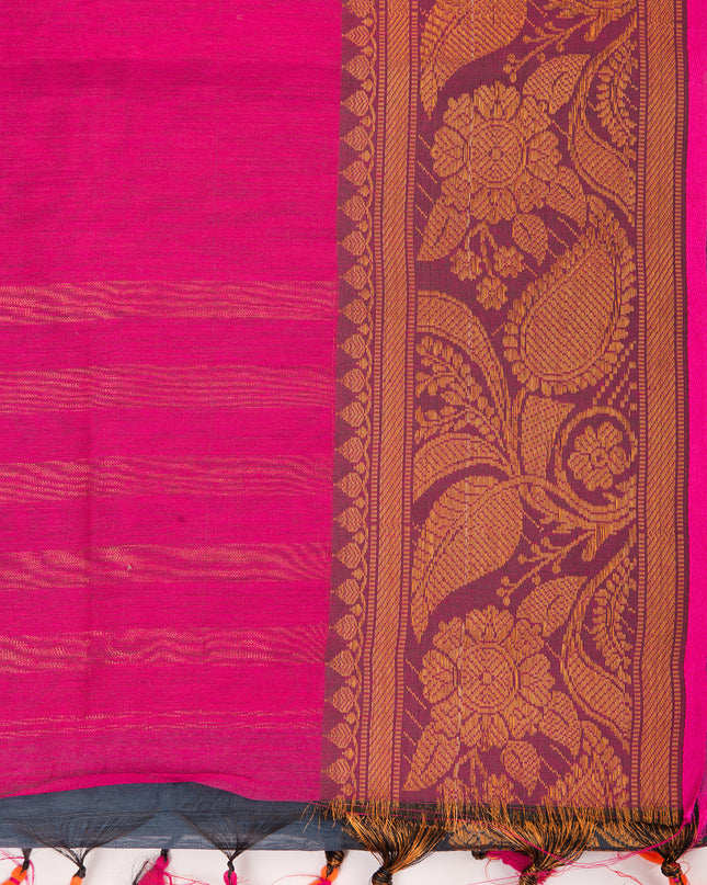 Pure Silk Kanjivaram Handloom Cotton Rajoshree Designer Saree With Blouse Piece - Dark Blue Pink