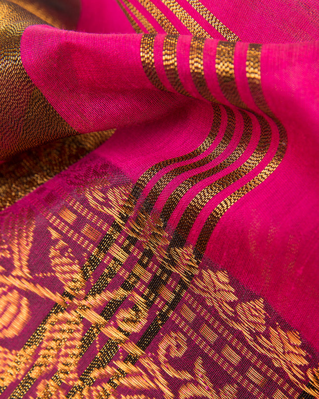Pure Silk Kanjivaram Handloom Cotton Mine Rajoshree Designer Saree With Blouse Piece - Green Pink
