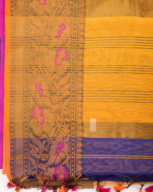Pure Silk Kanjivaram Handloom Cotton Mine Rajoshree Designer Saree With Blouse Piece - Blue Yellow