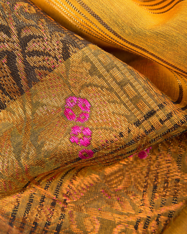 Pure Silk Kanjivaram Handloom Cotton Mine Rajoshree Designer Saree With Blouse Piece - Blue Yellow