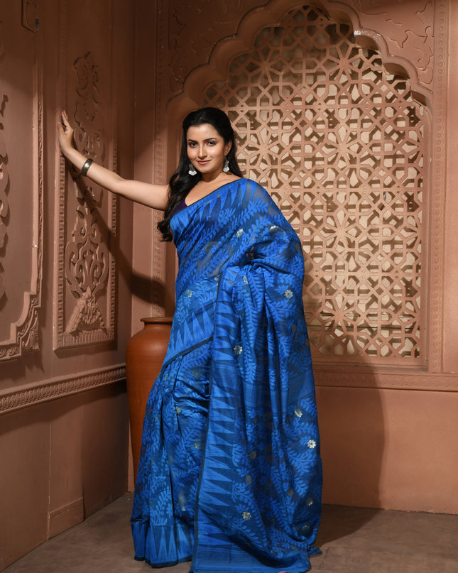 dB DESH BIDESH Women's Traditional Bengal Soft Cotton Silk Jamdani Sarees For Women Tentullata Design Cotton saree for woman Without Blouse piece | Ethnic Wear Sari (Dark Blue)