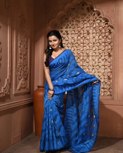 dB DESH BIDESH Women's Traditional Bengal Soft Cotton Silk Jamdani Sarees For Women Tentullata Design Cotton saree for woman Without Blouse piece | Ethnic Wear Sari (Dark Blue)