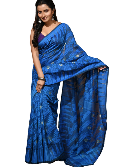 dB DESH BIDESH Women's Traditional Bengal Soft Cotton Silk Jamdani Sarees For Women Tentullata Design Cotton saree for woman Without Blouse piece | Ethnic Wear Sari (Dark Blue)