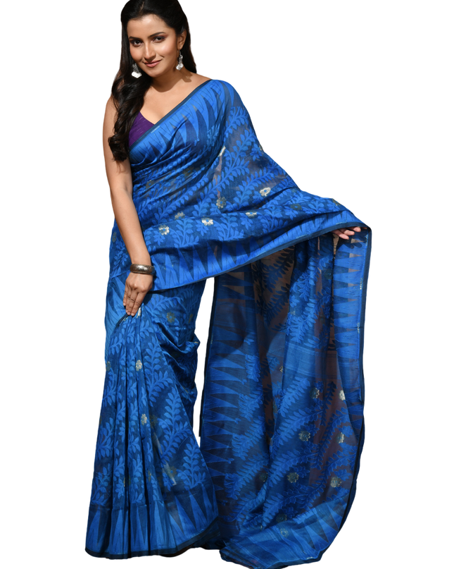 dB DESH BIDESH Women's Traditional Bengal Soft Cotton Silk Jamdani Sarees For Women Tentullata Design Cotton saree for woman Without Blouse piece | Ethnic Wear Sari (Dark Blue)
