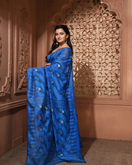 dB DESH BIDESH Women's Traditional Bengal Soft Cotton Silk Jamdani Sarees For Women Tentullata Design Cotton saree for woman Without Blouse piece | Ethnic Wear Sari (Dark Blue)