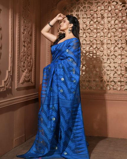 dB DESH BIDESH Women's Traditional Bengal Soft Cotton Silk Jamdani Sarees For Women Tentullata Design Cotton saree for woman Without Blouse piece | Ethnic Wear Sari (Dark Blue)