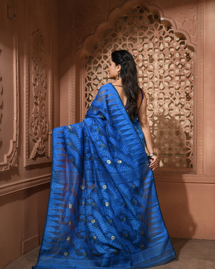 dB DESH BIDESH Women's Traditional Bengal Soft Cotton Silk Jamdani Sarees For Women Tentullata Design Cotton saree for woman Without Blouse piece | Ethnic Wear Sari (Dark Blue)