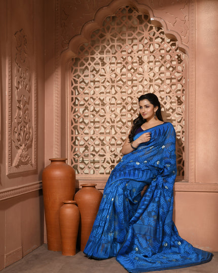 dB DESH BIDESH Women's Traditional Bengal Soft Cotton Silk Jamdani Sarees For Women Tentullata Design Cotton saree for woman Without Blouse piece | Ethnic Wear Sari (Dark Blue)