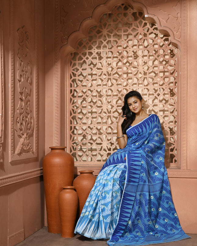 dB DESH BIDESH Women's Traditional Bengal Soft Cotton Silk Jamdani Sarees For Women Tentullata Design Cotton saree for woman Without Blouse piece | Ethnic Wear Sari (Blue White)