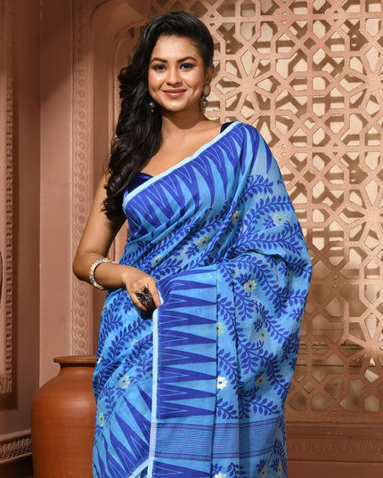 dB DESH BIDESH Women's Traditional Bengal Soft Cotton Silk Jamdani Sarees For Women Tentullata Design Cotton saree for woman Without Blouse piece | Ethnic Wear Sari (Blue White)