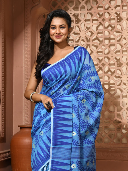 dB DESH BIDESH Women's Traditional Bengal Soft Cotton Silk Jamdani Sarees For Women Tentullata Design Cotton saree for woman Without Blouse piece | Ethnic Wear Sari (Blue White)
