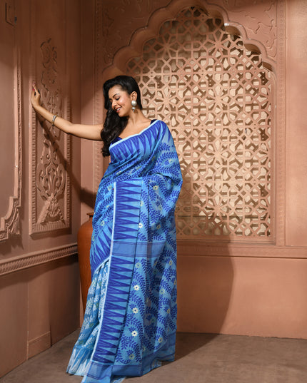 dB DESH BIDESH Women's Traditional Bengal Soft Cotton Silk Jamdani Sarees For Women Tentullata Design Cotton saree for woman Without Blouse piece | Ethnic Wear Sari (Blue White)