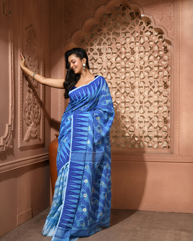 dB DESH BIDESH Women's Traditional Bengal Soft Cotton Silk Jamdani Sarees For Women Tentullata Design Cotton saree for woman Without Blouse piece | Ethnic Wear Sari (Blue White)