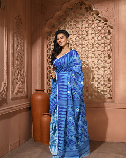dB DESH BIDESH Women's Traditional Bengal Soft Cotton Silk Jamdani Sarees For Women Tentullata Design Cotton saree for woman Without Blouse piece | Ethnic Wear Sari (Blue White)