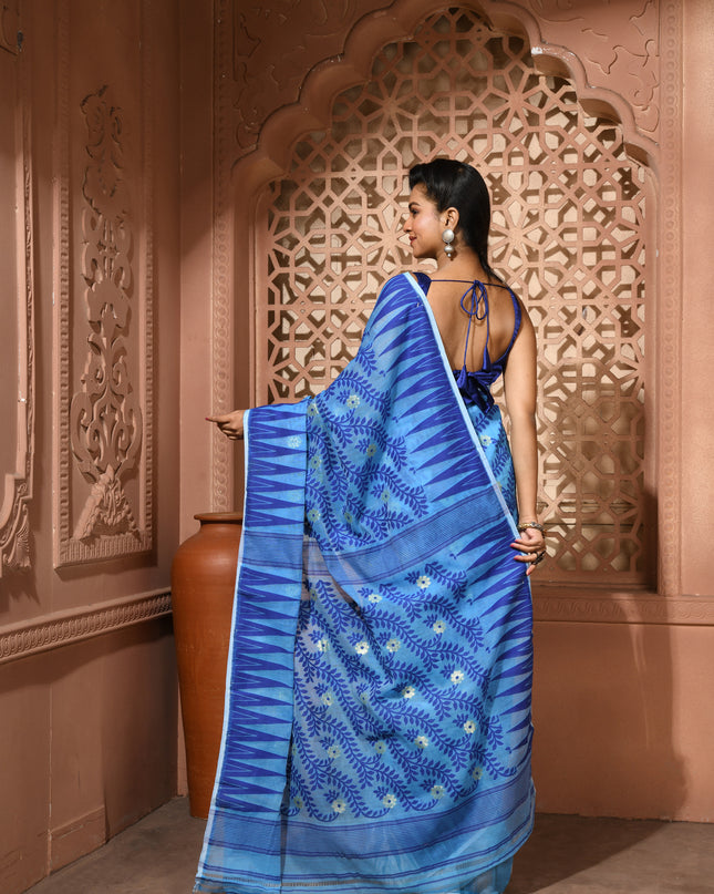 dB DESH BIDESH Women's Traditional Bengal Soft Cotton Silk Jamdani Sarees For Women Tentullata Design Cotton saree for woman Without Blouse piece | Ethnic Wear Sari (Blue White)