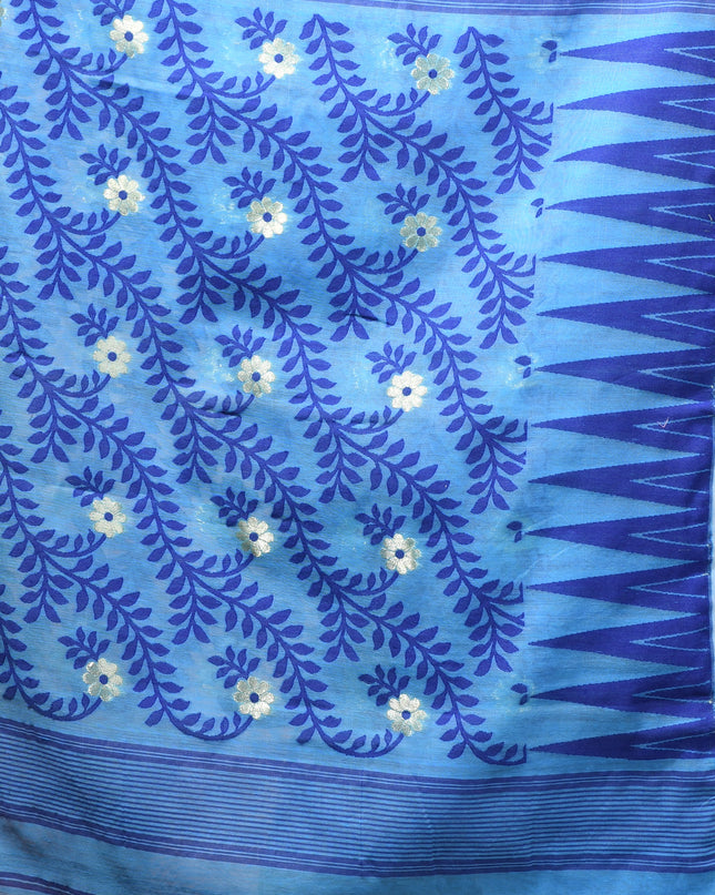 dB DESH BIDESH Women's Traditional Bengal Soft Cotton Silk Jamdani Sarees For Women Tentullata Design Cotton saree for woman Without Blouse piece | Ethnic Wear Sari (Blue White)
