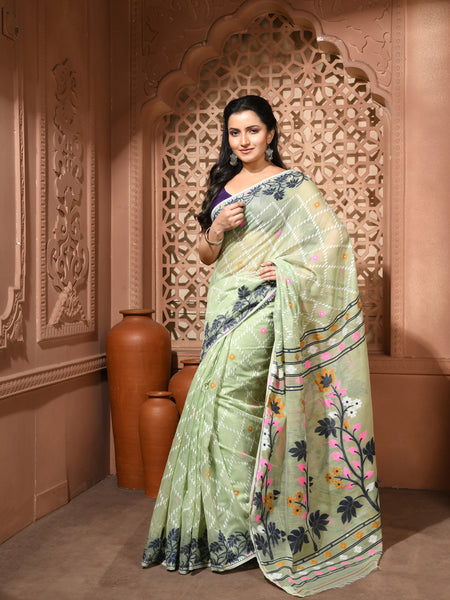 dB DESH BIDESH Women's Jamdani Sarees For Women for Party Festival Wear Kusumlata Design Soft Cotton Linen saree for woman Without Blouse piece (Soft Green)
