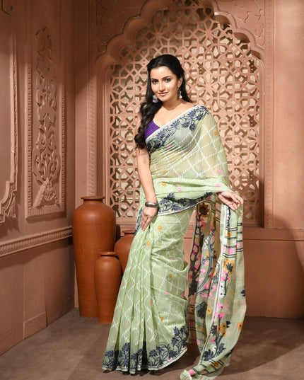 dB DESH BIDESH Women's Jamdani Sarees For Women for Party Festival Wear Kusumlata Design Soft Cotton Linen saree for woman Without Blouse piece (Soft Green)
