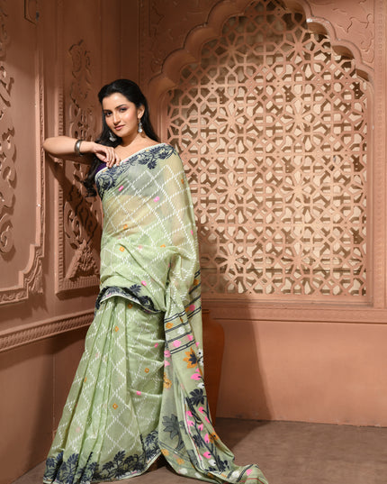 dB DESH BIDESH Women's Jamdani Sarees For Women for Party Festival Wear Kusumlata Design Soft Cotton Linen saree for woman Without Blouse piece (Soft Green)