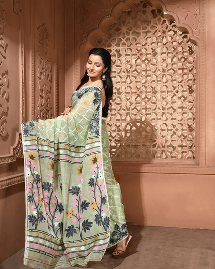 dB DESH BIDESH Women's Jamdani Sarees For Women for Party Festival Wear Kusumlata Design Soft Cotton Linen saree for woman Without Blouse piece (Soft Green)