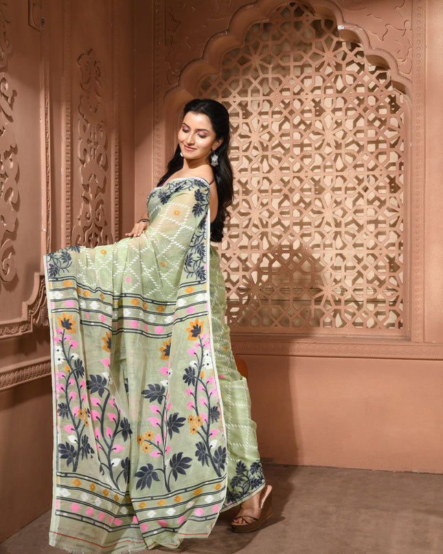 dB DESH BIDESH Women's Jamdani Sarees For Women for Party Festival Wear Kusumlata Design Soft Cotton Linen saree for woman Without Blouse piece (Soft Green)